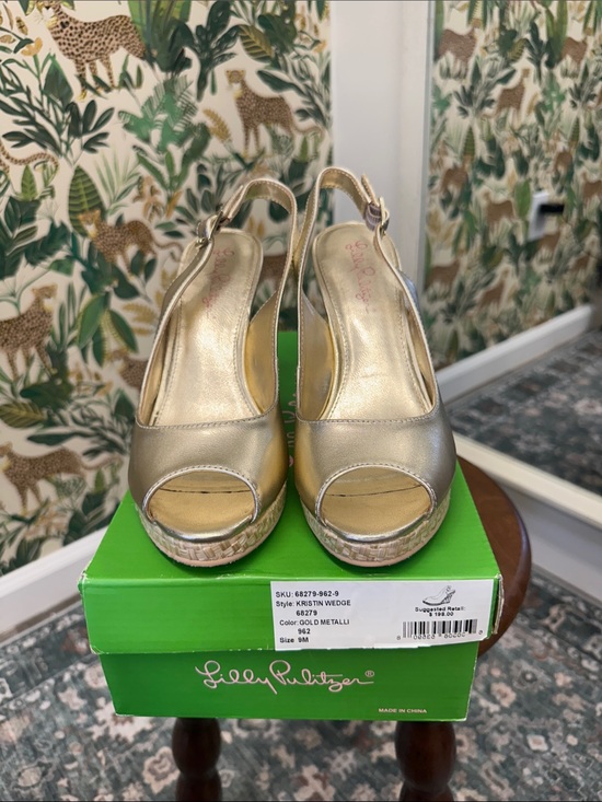 Lilly Pulitzer Shoes - Lilly Pulitzer Gold Metallic Kristin Wedge Slingback Heels size 8